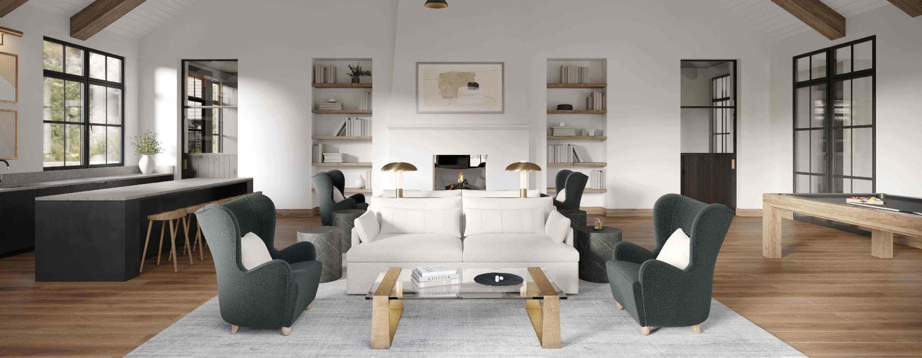 Spacious resident lounge with modern seating, fireplace, built-in bookshelves, and large windows at Livana Colts Neck.