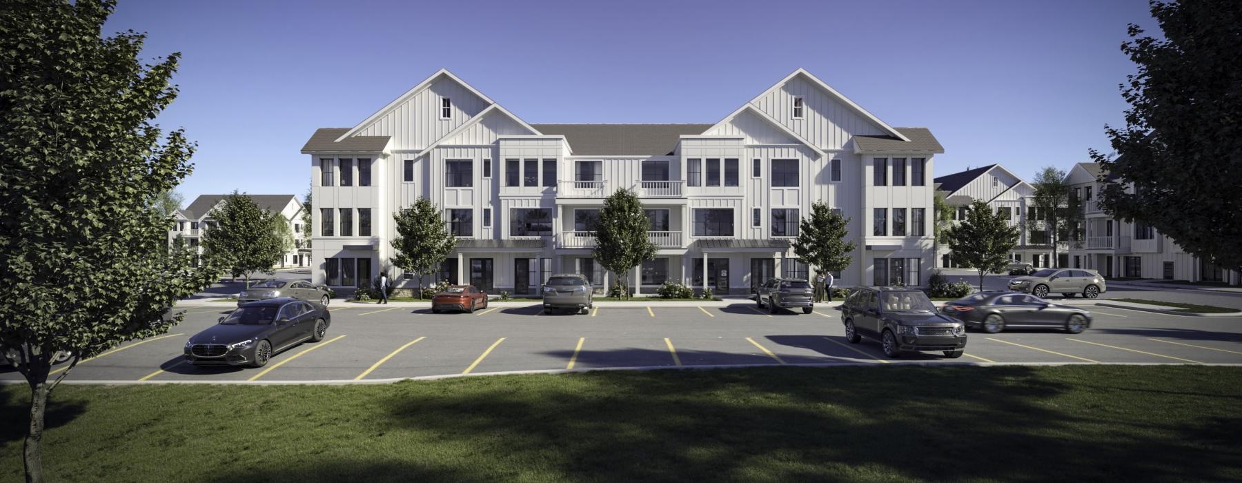 Front exterior view of Livana Colts Neck, a brand-new luxury apartment for rent. with a parking lot and landscaping.