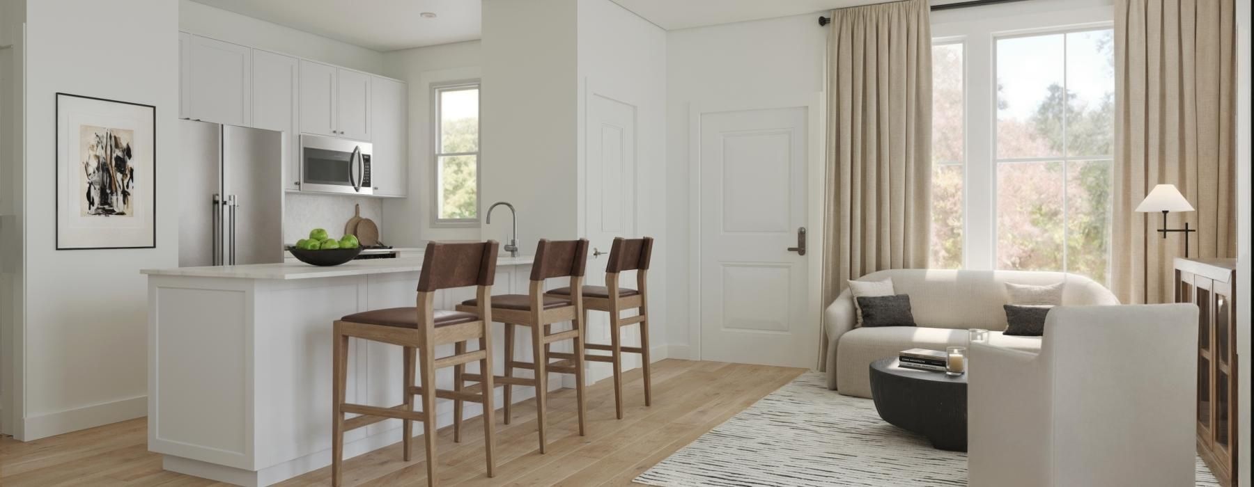 a living room with a dining table and couches