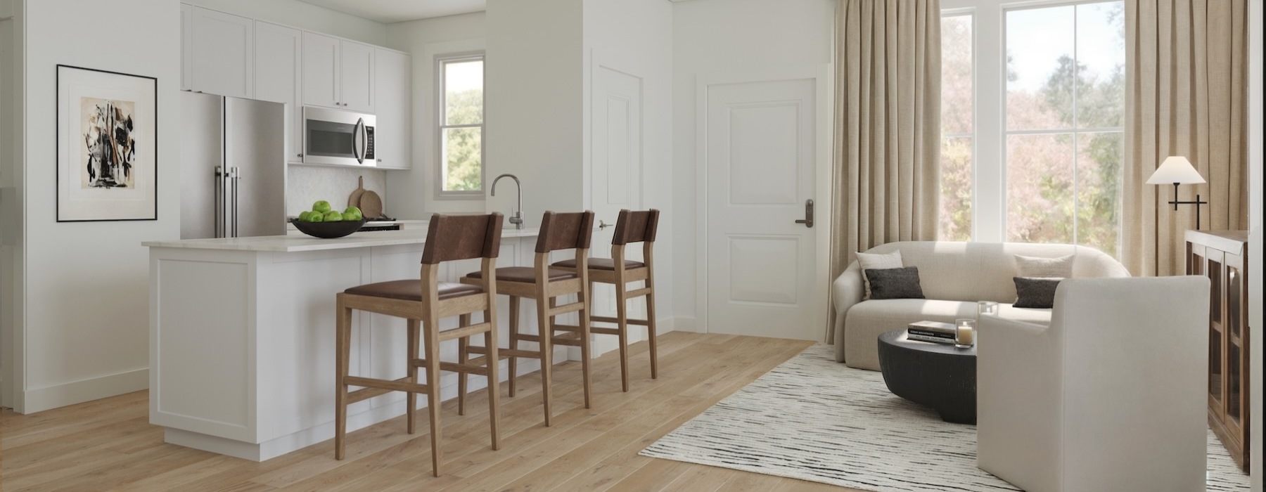 a living room with a dining table and couches