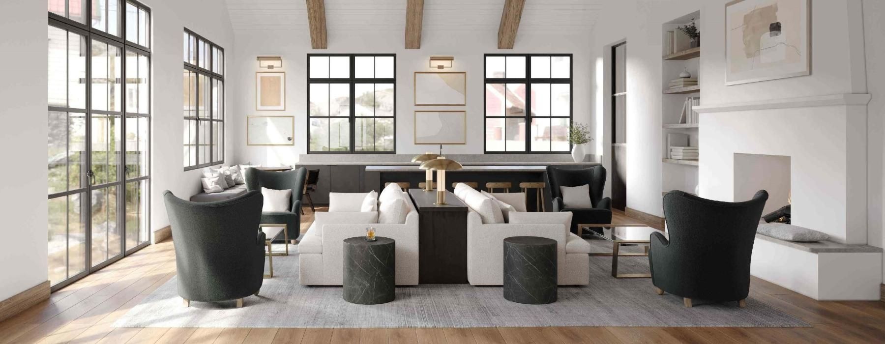 a spacious room with large windows