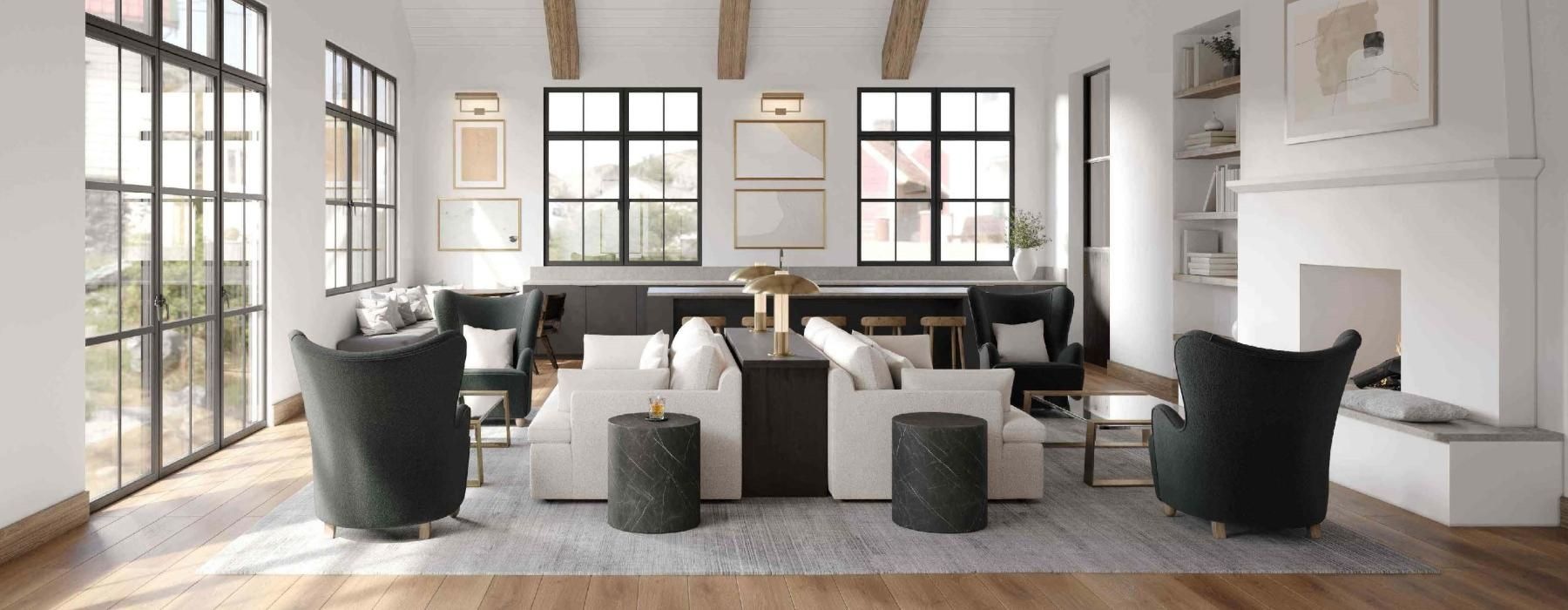 a spacious room with large windows