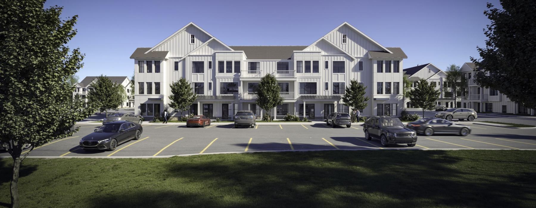 a building with cars parked in front